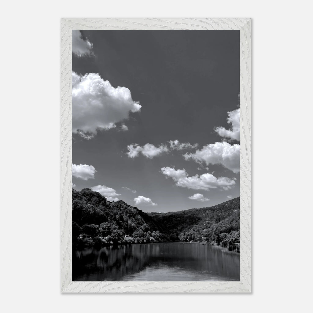Black and white mounted framed poster of a German river view from the Spring' 26 travel collection, studio edition print material.