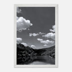 Black and white mounted framed poster of a German river view from the Spring' 26 travel collection, studio edition print material.
