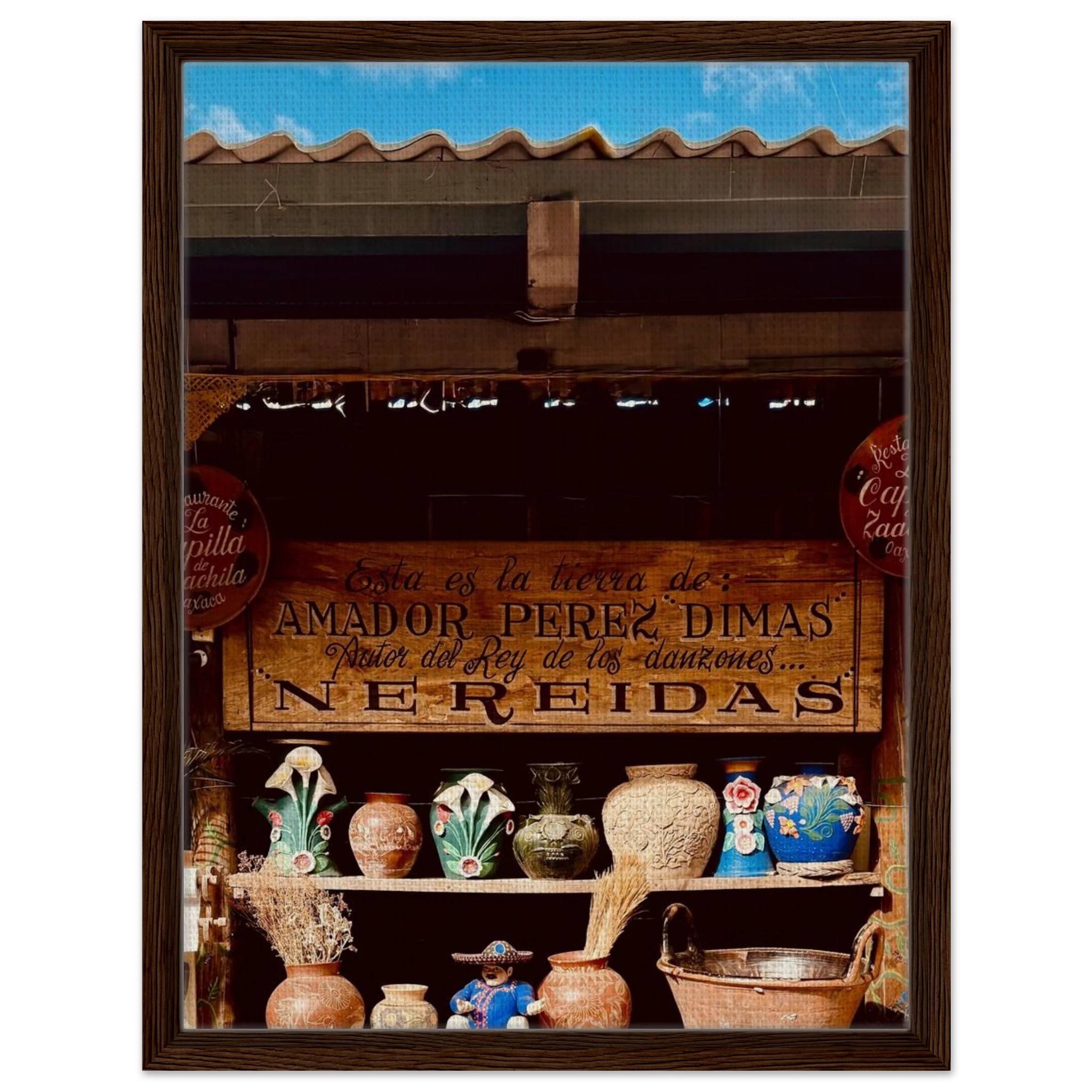 Framed canvas print of Oaxaca street fair scene from CaliCuration's Mexico travel collection, Spring 2026 studio edition artwork.