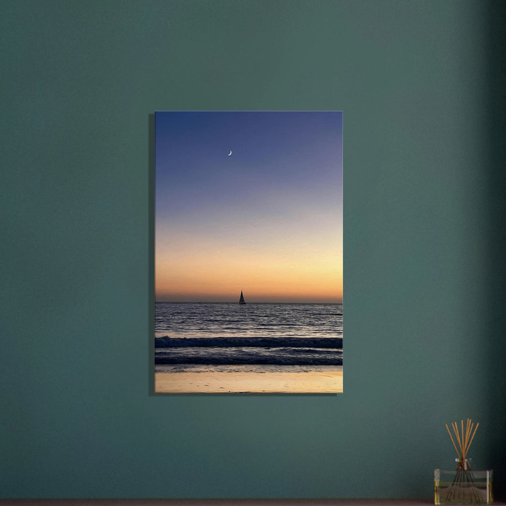 SoCal Fall Sunset canvas print by My Store depicting a vibrant sunset scene with warm autumn colors and a new moon over California.