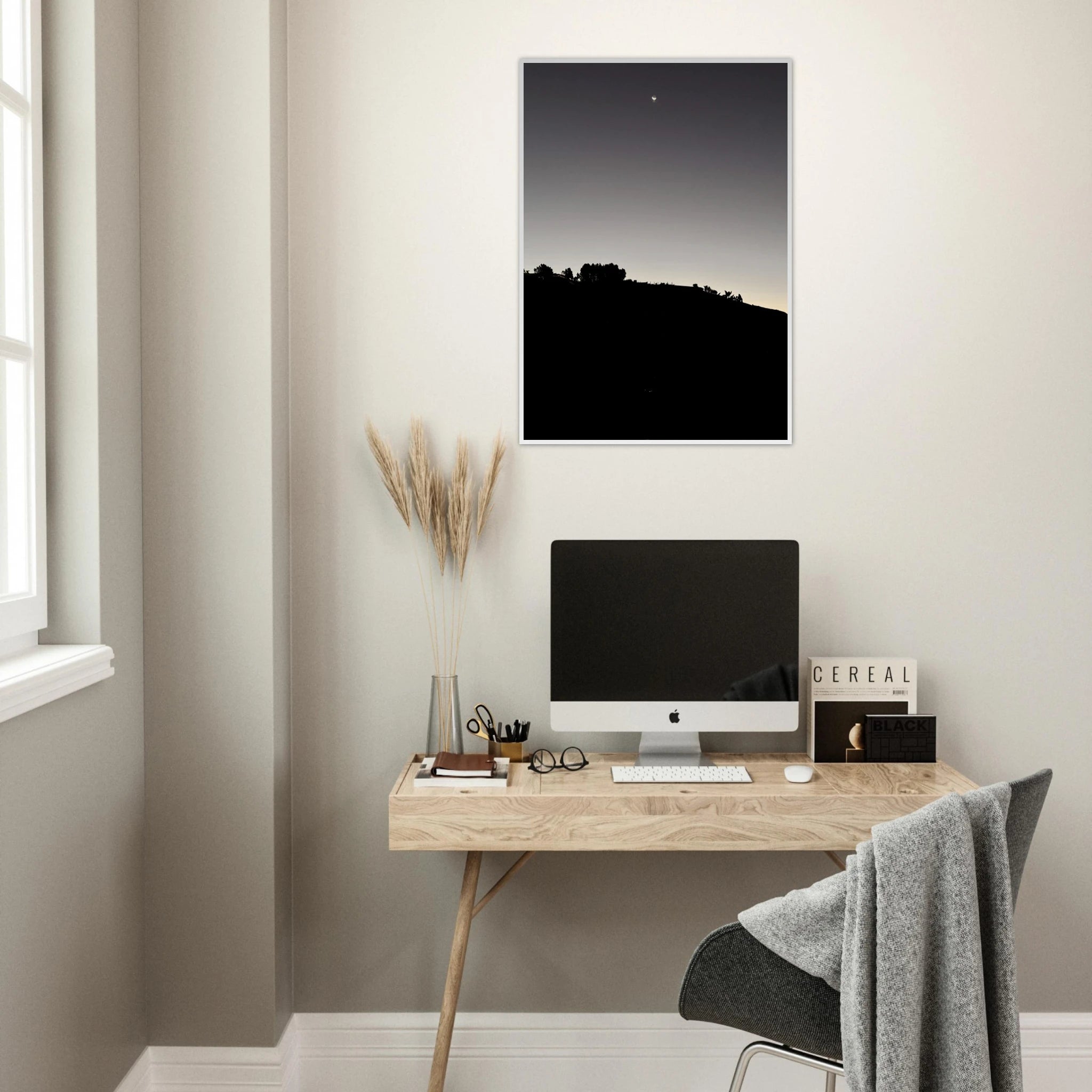 Black and white semi-glossy poster print featuring a fall moon over Hollywood Hills, California, in a wooden frame.