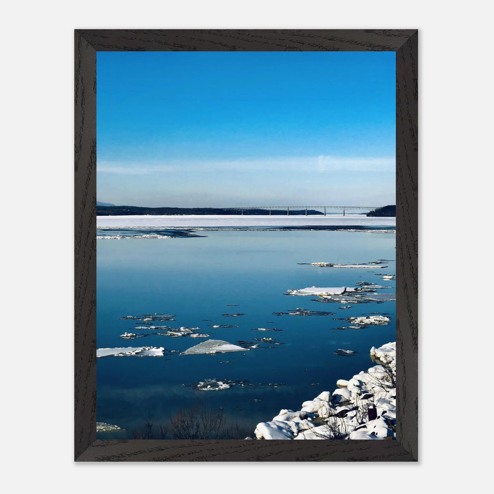 Wooden framed Hudson Valley Winter poster print from the Studio Edition travel collection, featuring snowy landscape and holiday vibes.