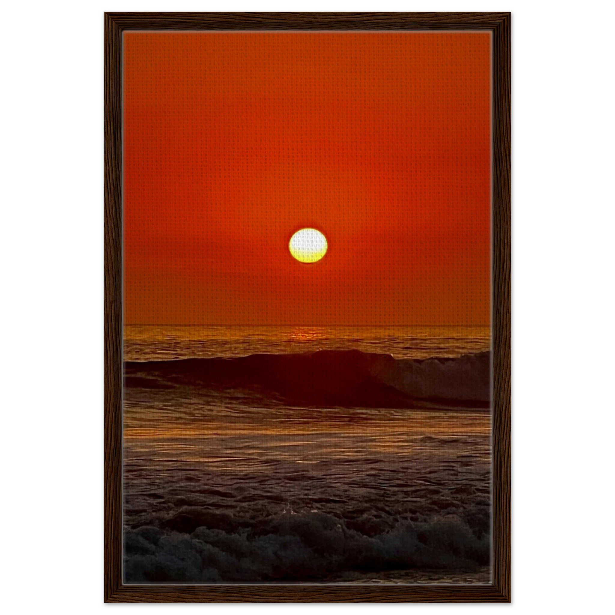 Framed canvas print of California Red Sunset Series 3/3 by CaliCuration, showcasing vibrant red hues in a captivating sunset scene.