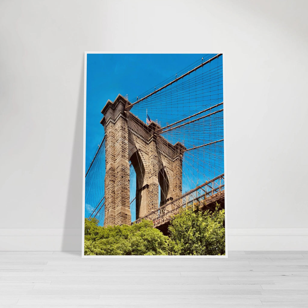 Framed NYC Brooklyn Bridge poster featuring a Dumbo view, perfect for summer décor, from the Studio Edition travel collection.