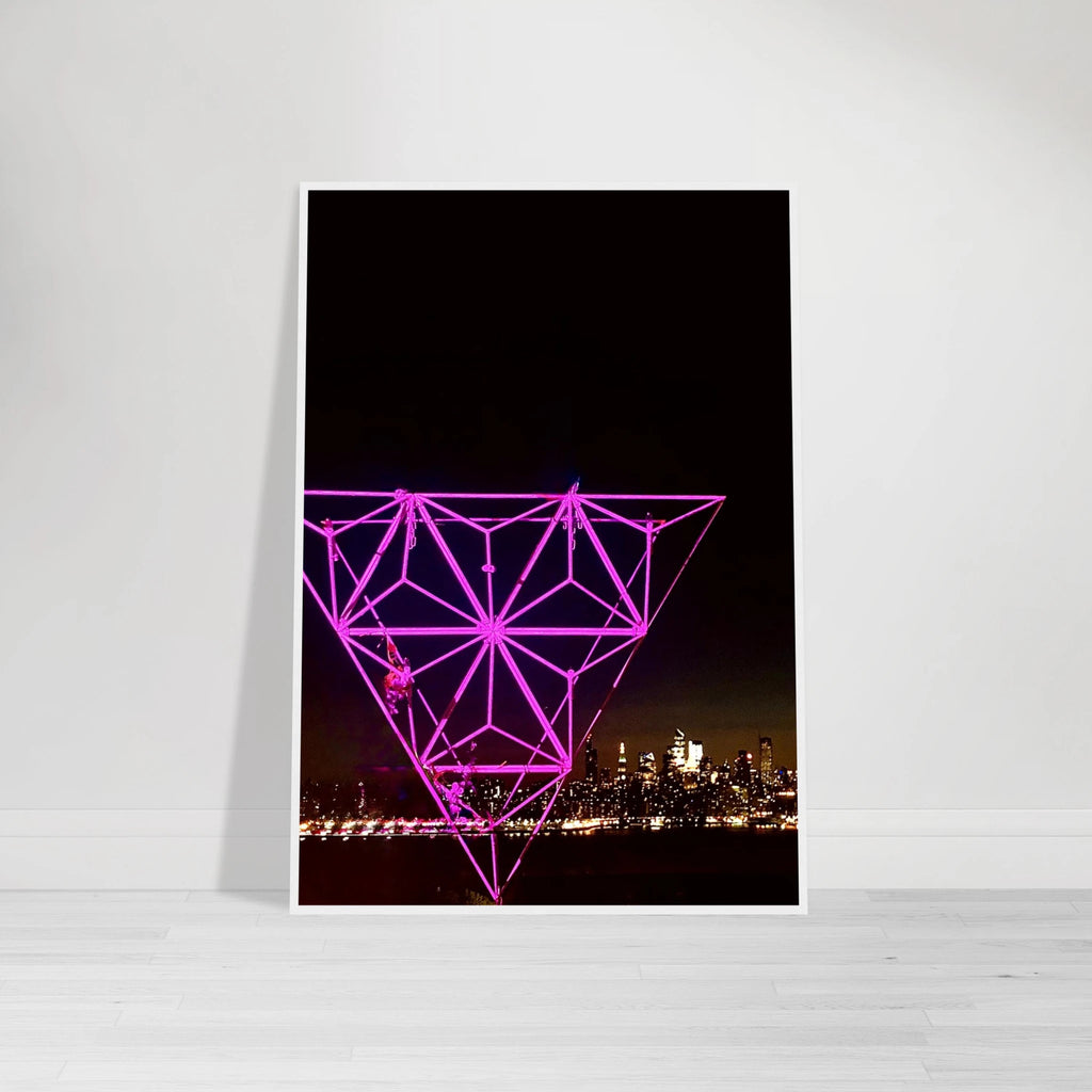 Framed print of New York City holiday art installation featuring Manhattan night view with Empire State Building, travel collection studio edition.