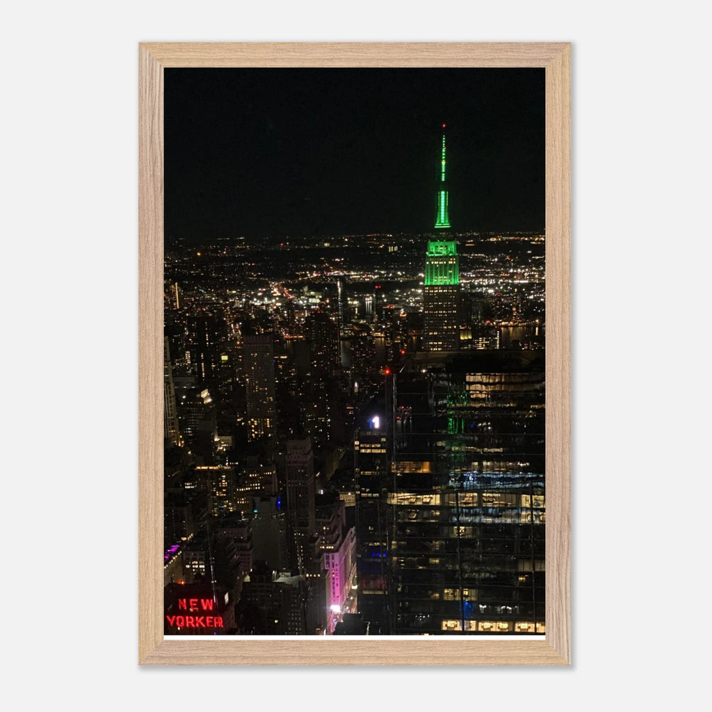 Wood-mounted framed poster of NYC downtown night view featuring the Empire State Building, part of the Studio Edition travel collection.