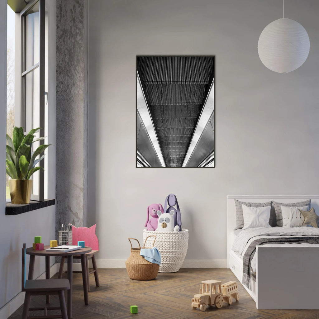 Black and white framed poster of London Tube escalator abstract art from the Travel Collection by My Store, studio edition print.