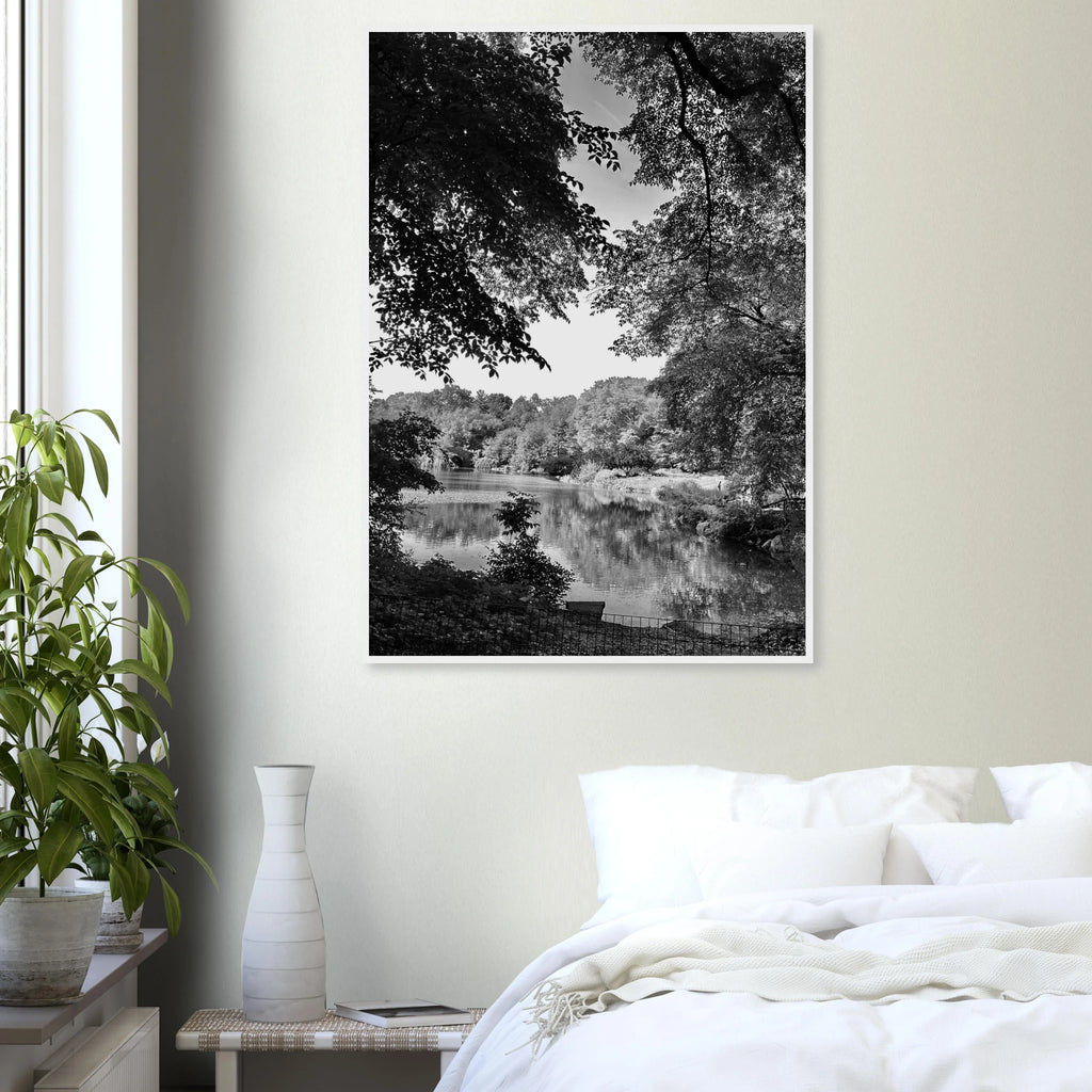 Black and white framed print of a summer lake scene from Upstate NY, part of the My Store Travel Collection Studio Edition.