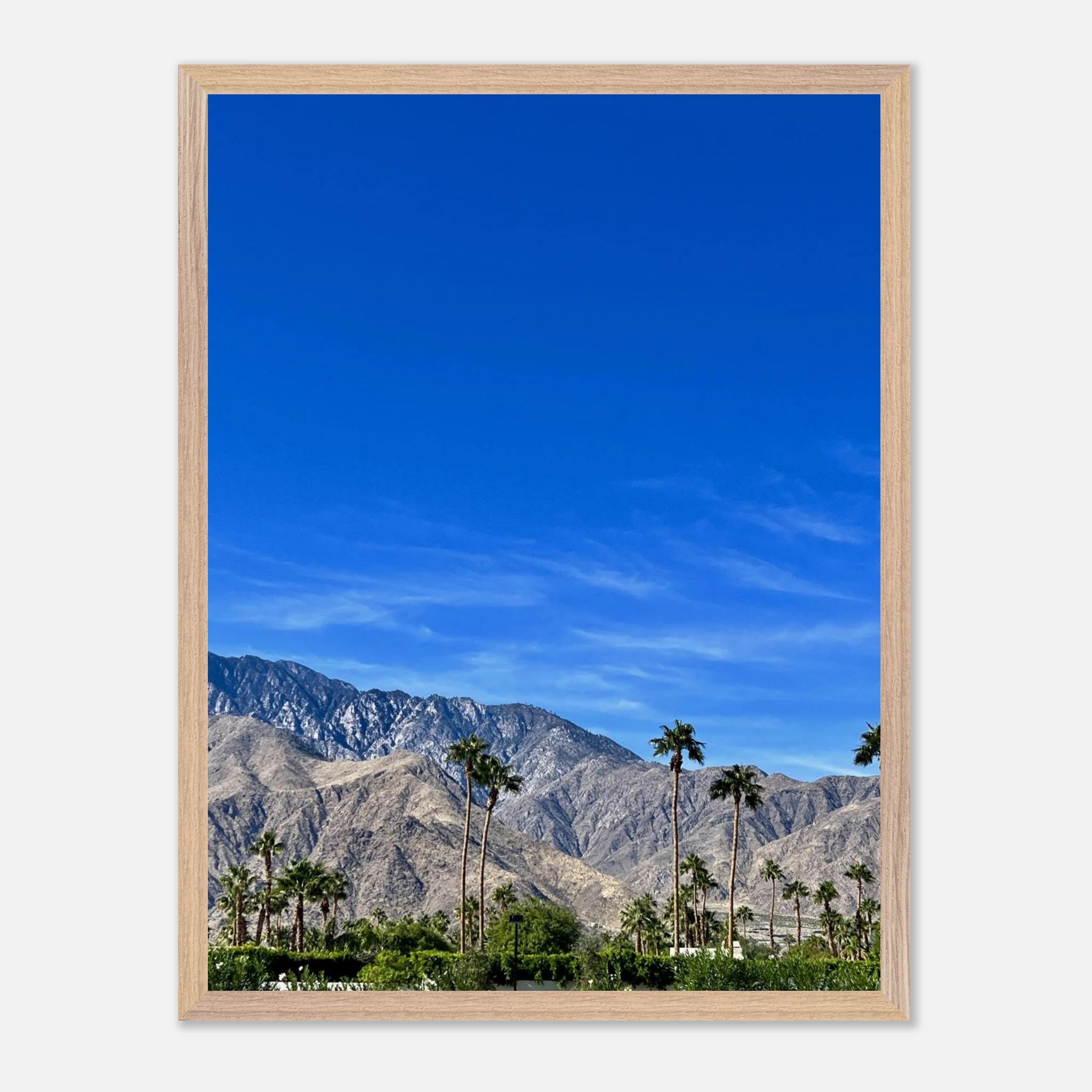 Premium wooden framed poster of a sunny fall day in Palm Springs, California, featuring vibrant autumn scenery and detailed print art.