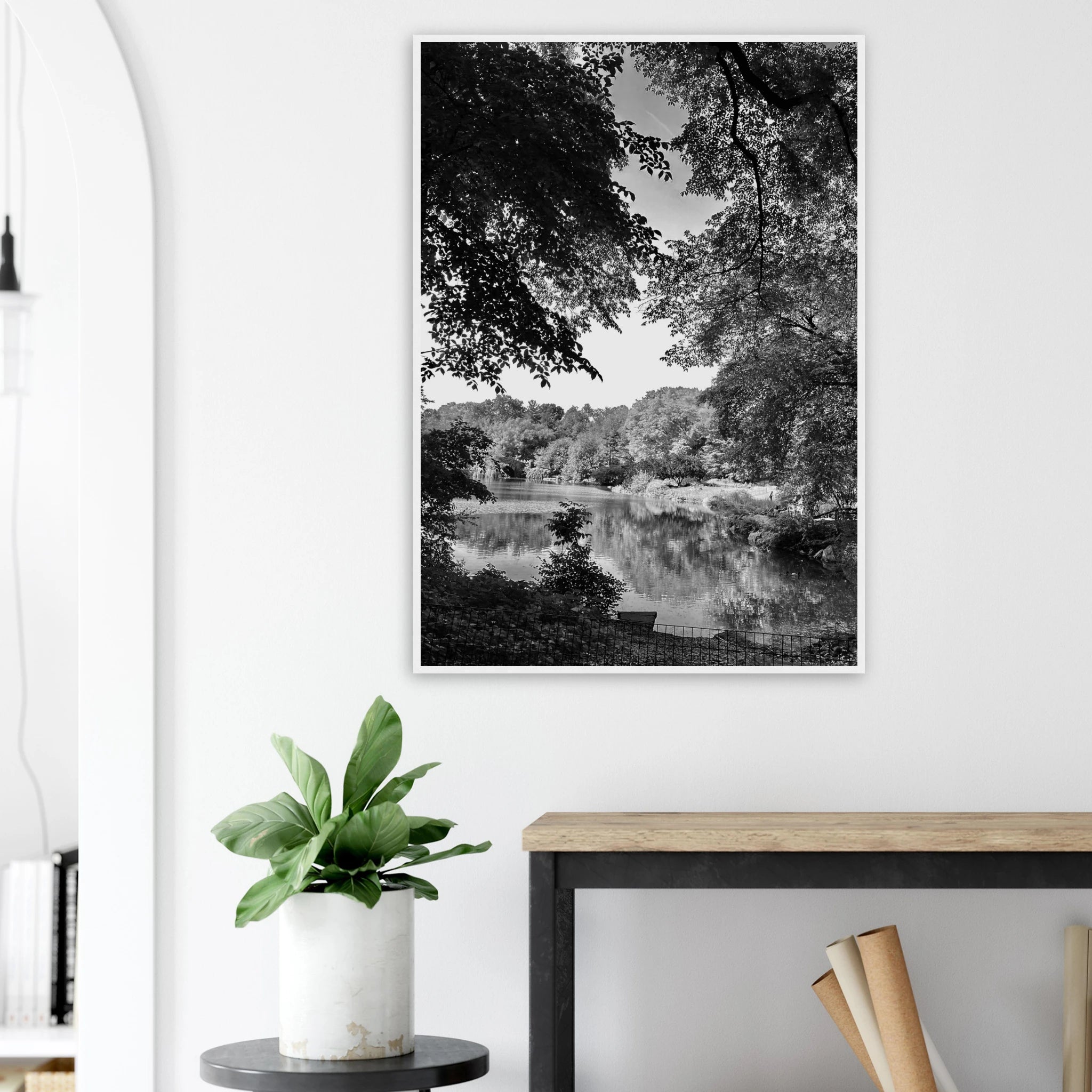 Black and white framed print of a summer lake scene from Upstate New York, part of the Studio Edition Travel Collection.
