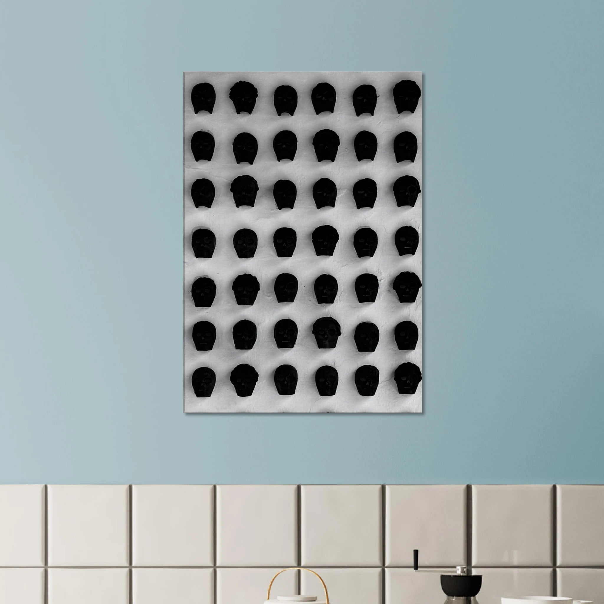 Black and white monochrome skull grid canvas wall art print featuring minimalist abstract photography for modern decor.