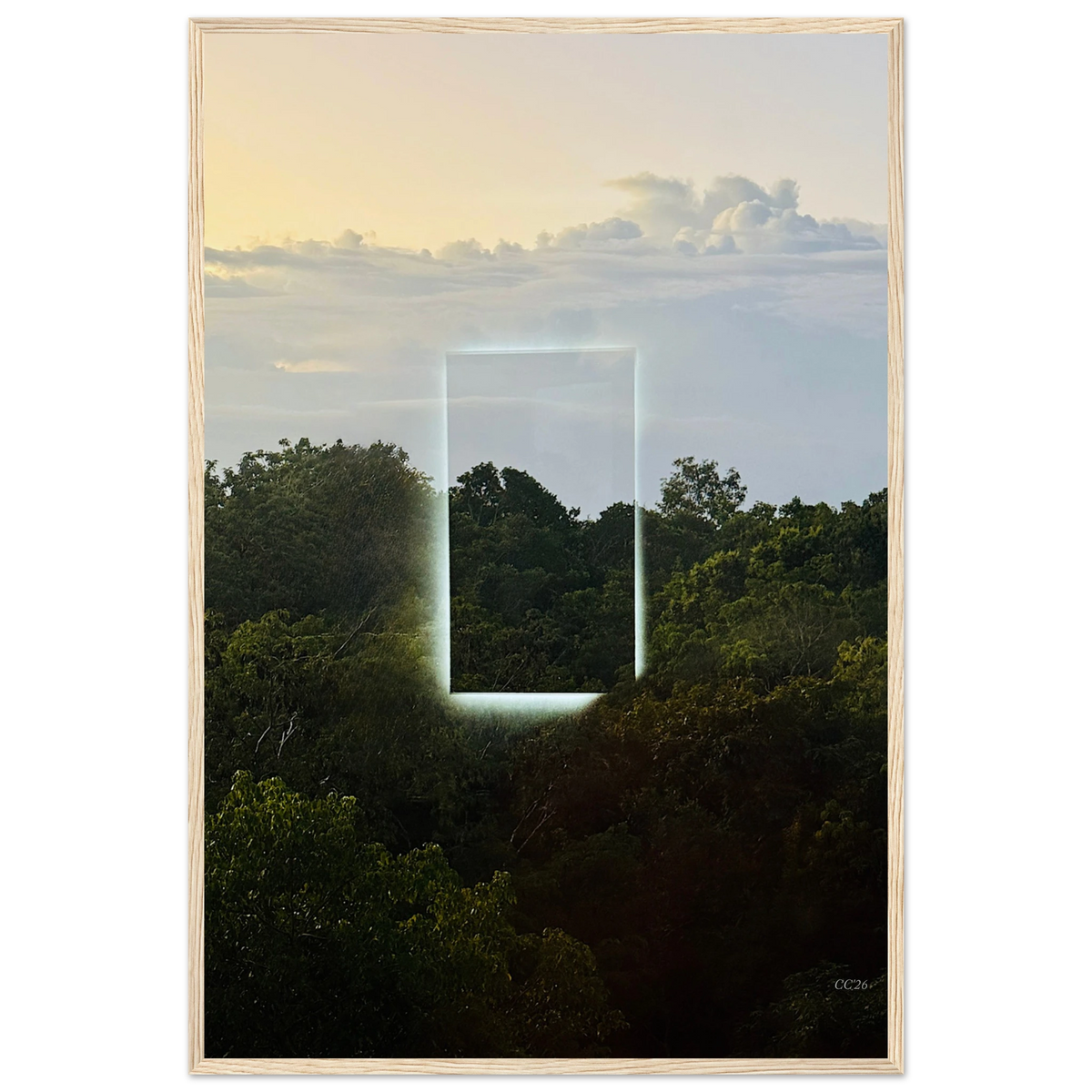 Color print of "A Window into Jungle Stillness" by CaliCuration, showcasing lush jungle scene in a serene, vibrant design.