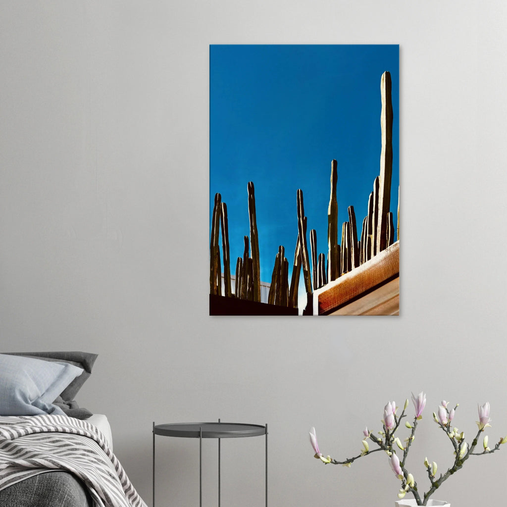 Mexico cactus family on rooftop canvas print from the Travel Collection, featuring vibrant desert plants and skyline.