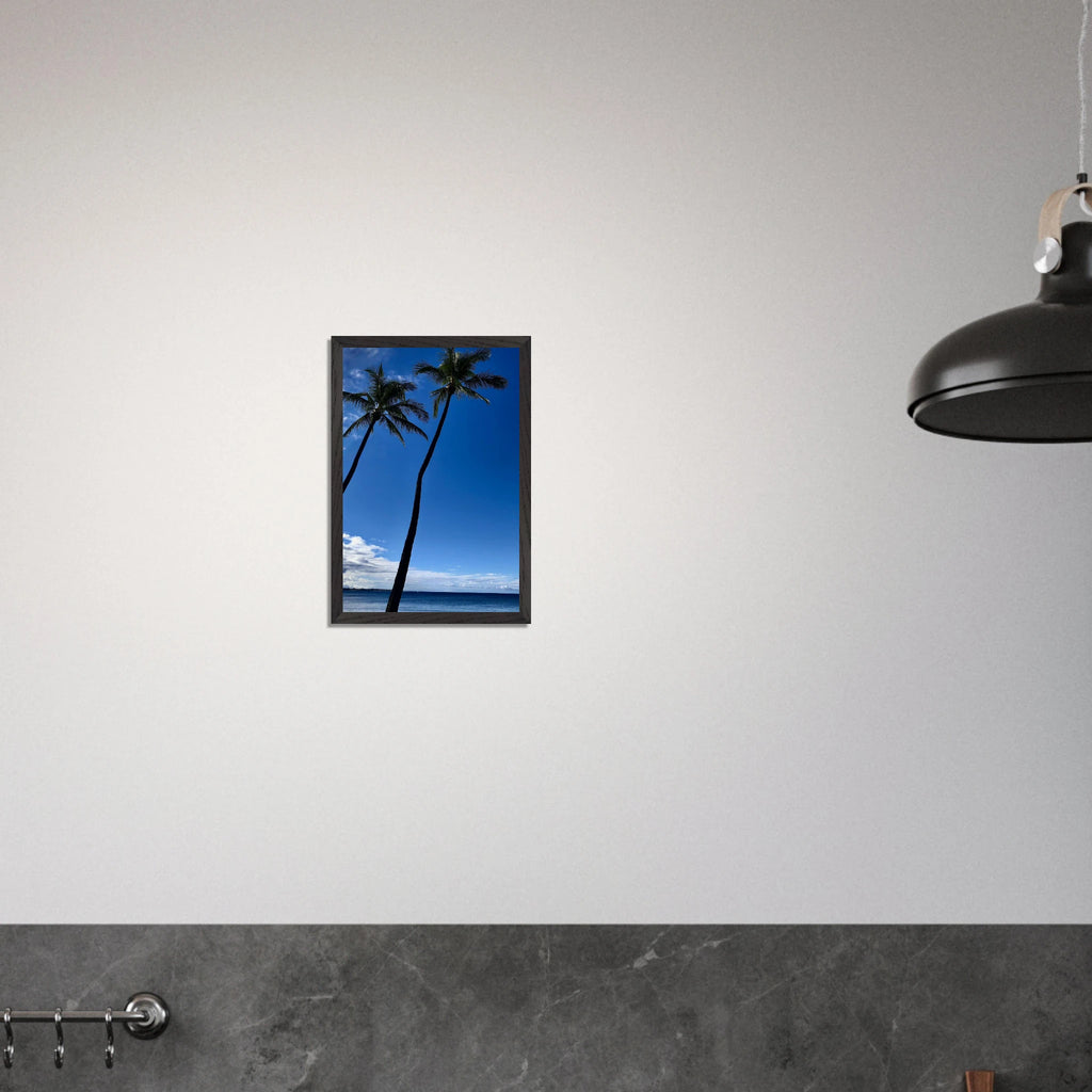 Framed Hawaii travel poster featuring iconic palm tree twins and Pacific waves, printed on high-quality material by CaliCuration