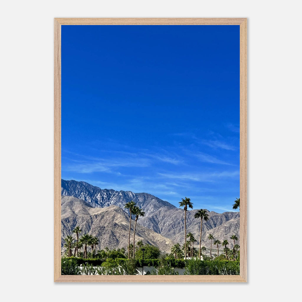 Premium wooden framed poster of a sunny fall day in Palm Springs, California, featuring vibrant autumn scenery in a studio edition print.