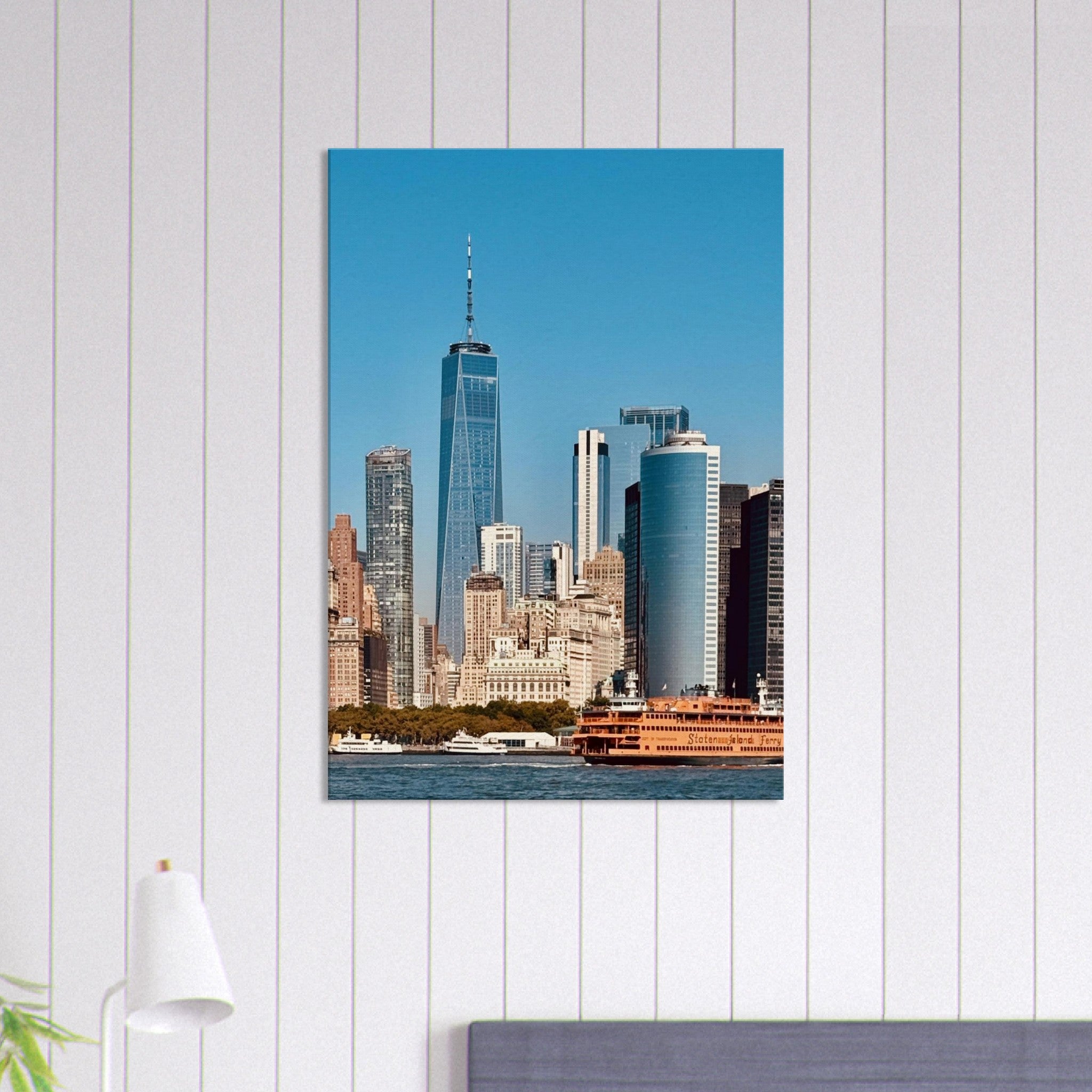 NYC skyline canvas print featuring the World Trade Center and Staten Island Ferry, part of the Travel Collection, Studio Edition.