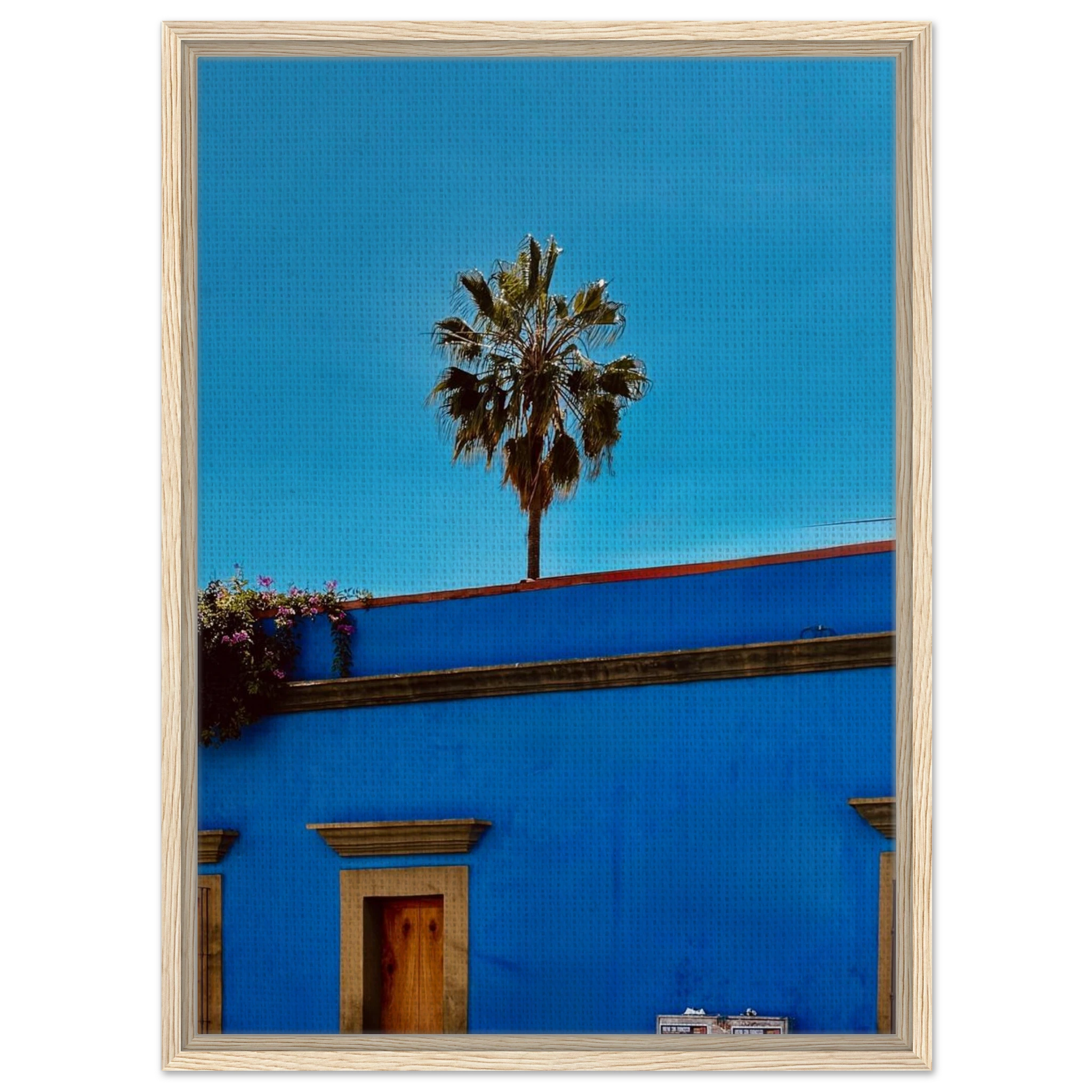 Mexico Oaxaca streets canvas print by CaliCuration featuring palm trees in a blue frame from the Travel Collection.