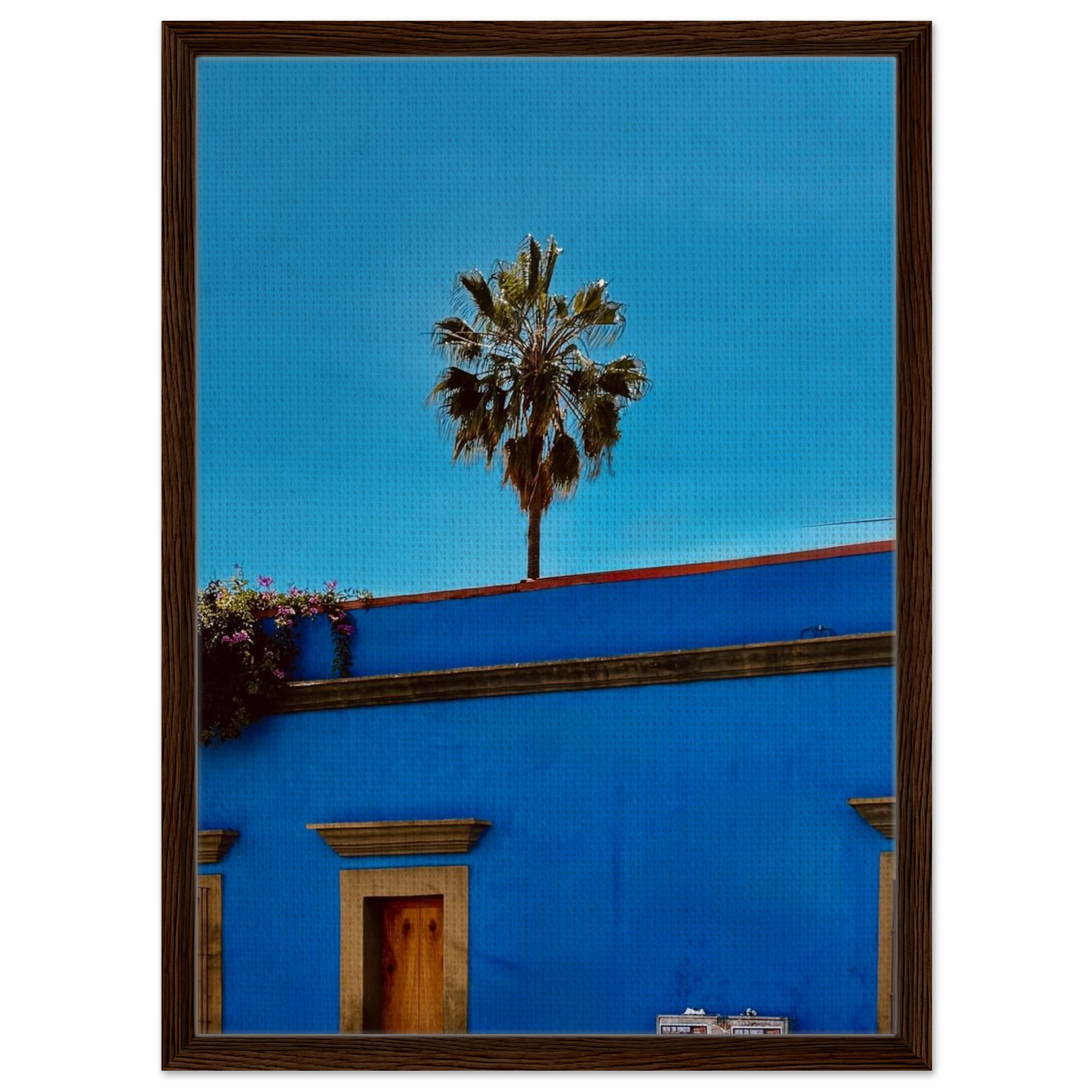 Oaxaca streets with palm trees in blue framed canvas artwork by CaliCuration, vibrant Mexico travel collection print, spring 2026.