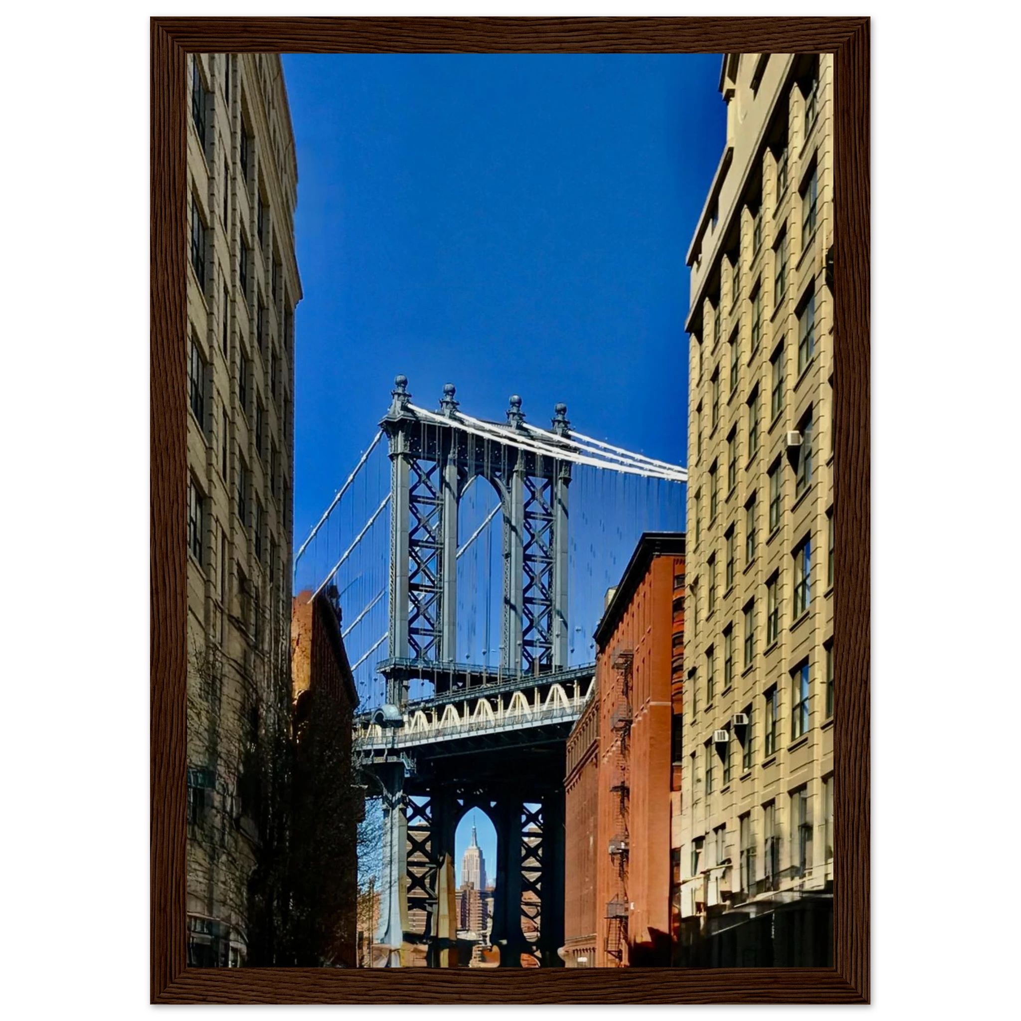 NYC Dumbo skyline wooden framed print by CaliCuration, featuring a spring day cityscape wall art from the Travel Collection.