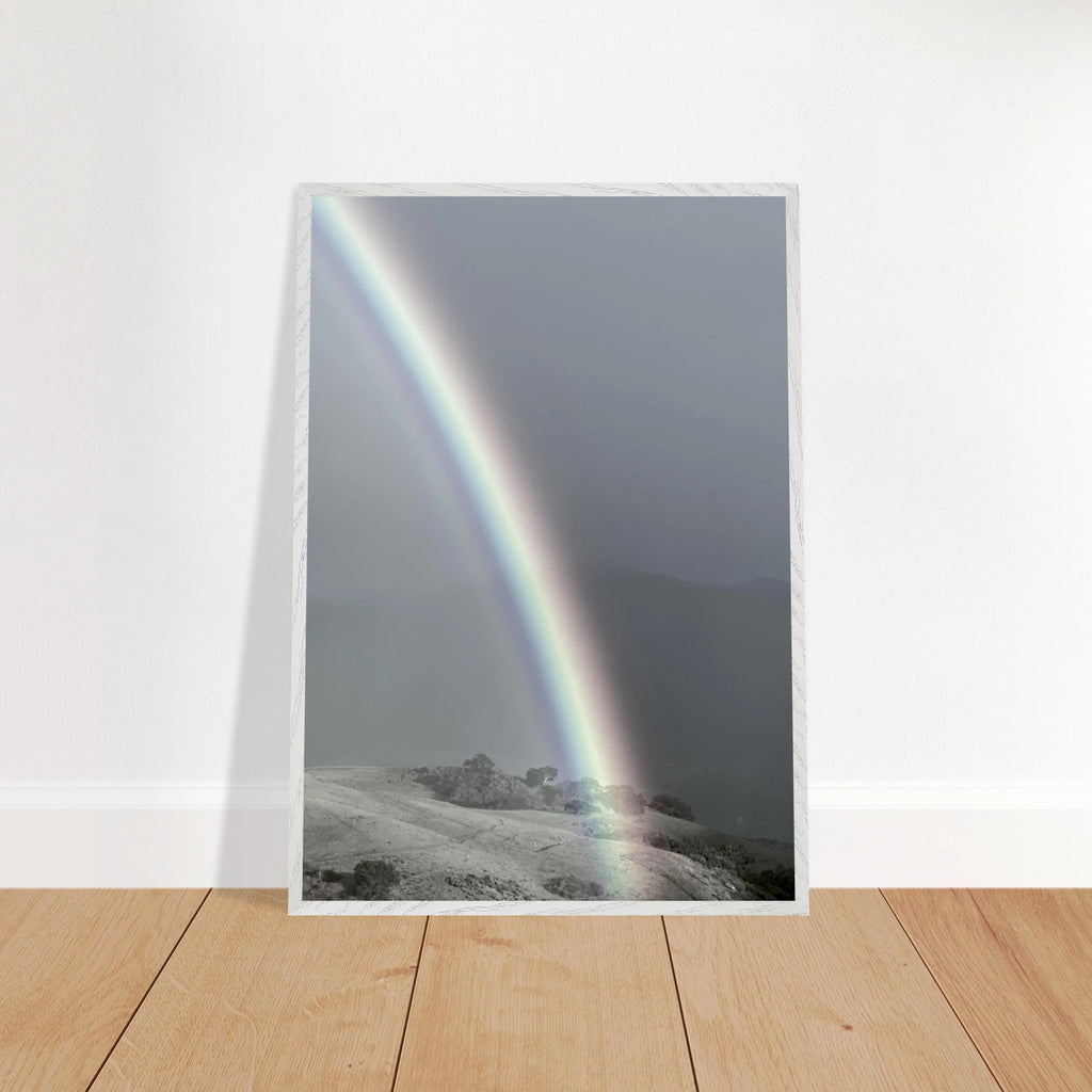 Black and white framed poster featuring a post-summer storm rainbow, part of the California Central Coast travel collection.