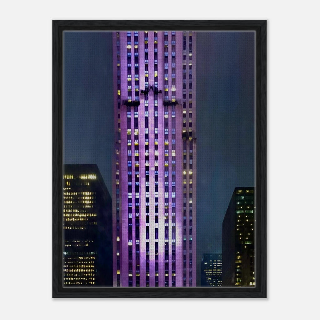 Framed canvas print of NYC holiday skyline in purple, part of the Travel Collection Studio Edition, showcasing vibrant cityscape artwork.