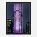 Framed canvas print of NYC holiday skyline in purple, part of the Travel Collection Studio Edition, showcasing vibrant cityscape artwork.