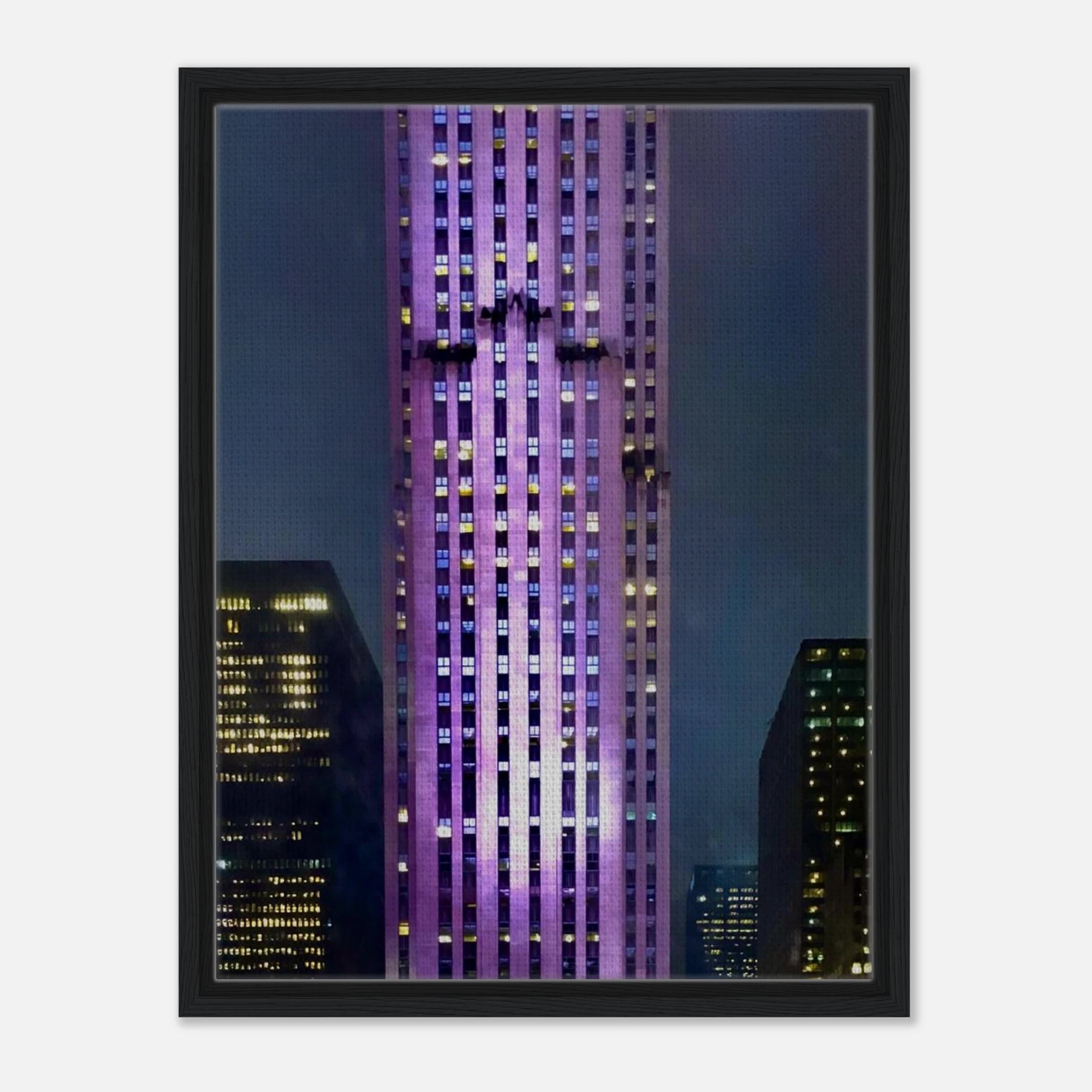 NYC Holiday Skyline framed canvas art print in purple, featuring iconic cityscape with festive holiday details, from My Store Travel Collection.
