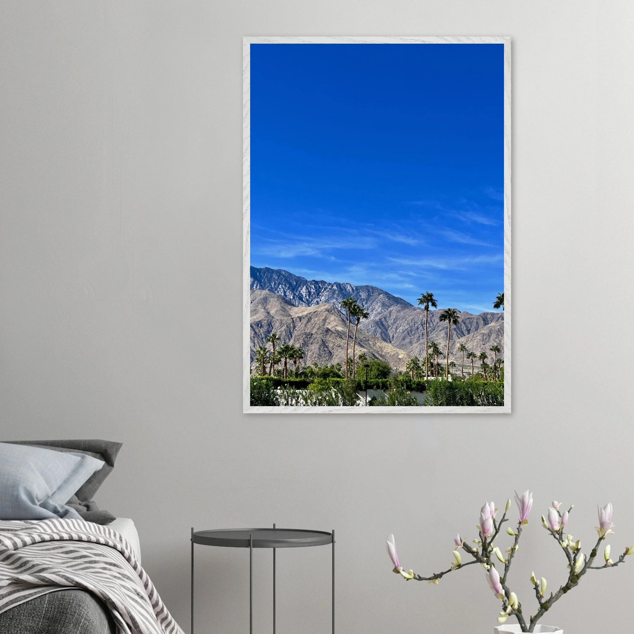 Beautiful sunny fall day poster print with wooden frame, showcasing palm trees and autumn colors in Palm Springs, California.