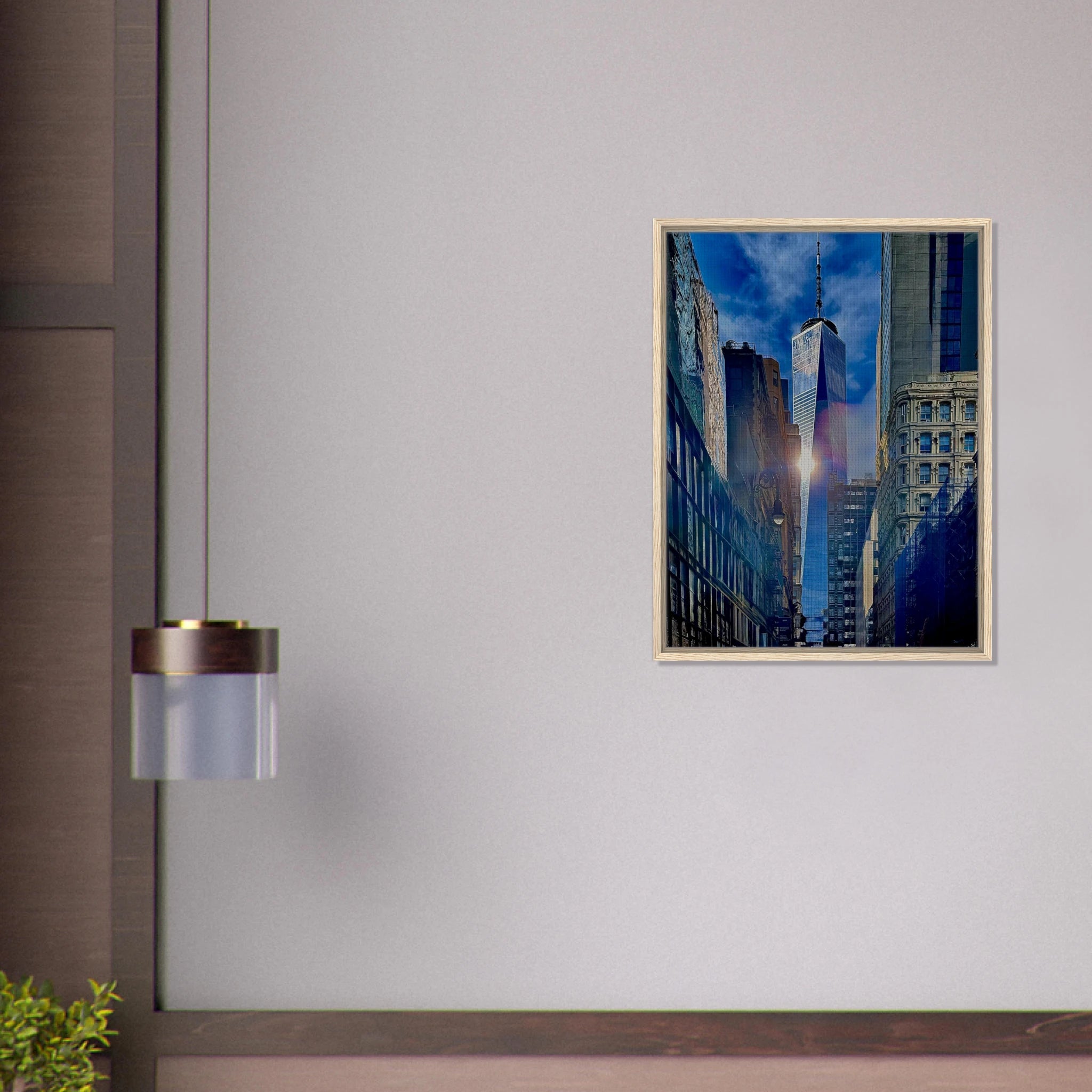 Framed canvas print of sunlight reflecting on One World Trade Center in NYC, from the Travel Collection by My Store.