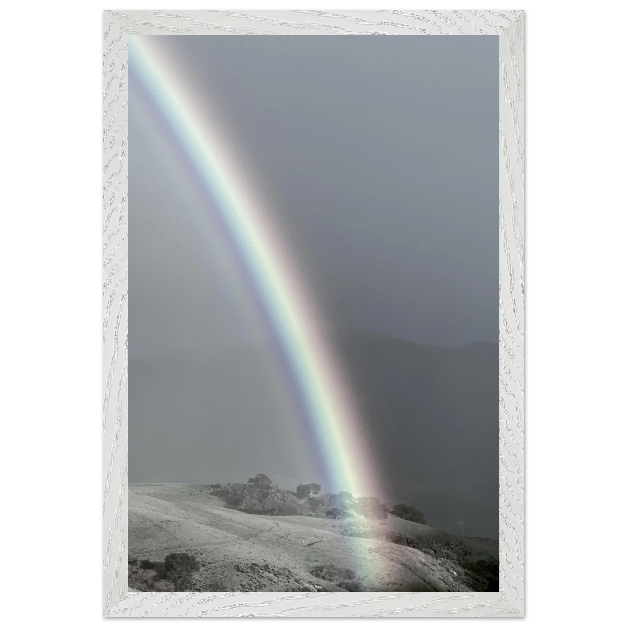 Black and white framed poster of a rainbow after a summer storm, part of the California Central Coast travel collection, Studio Edition.