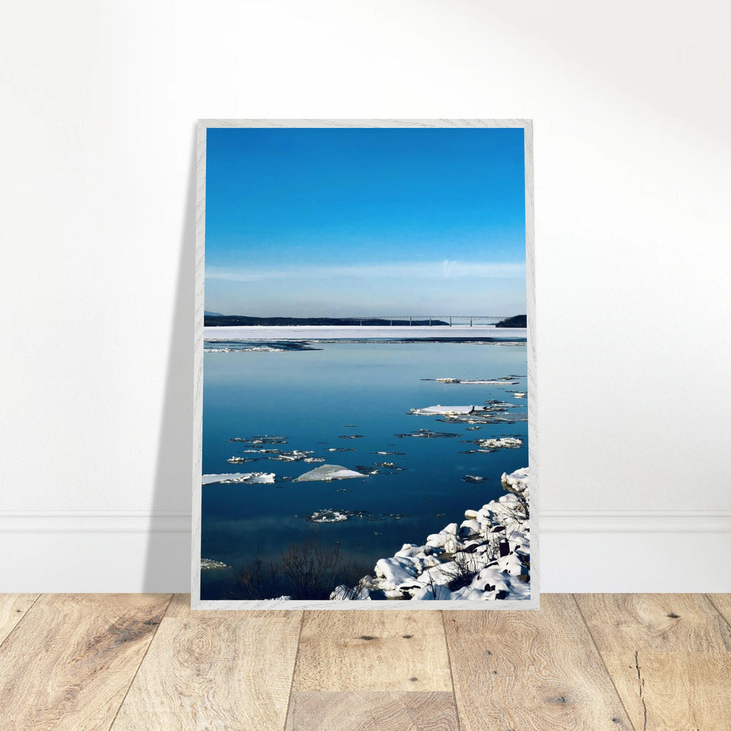 Wooden framed Hudson Valley winter poster print featuring snowy holiday scenery from the Travel Collection, Studio Edition.