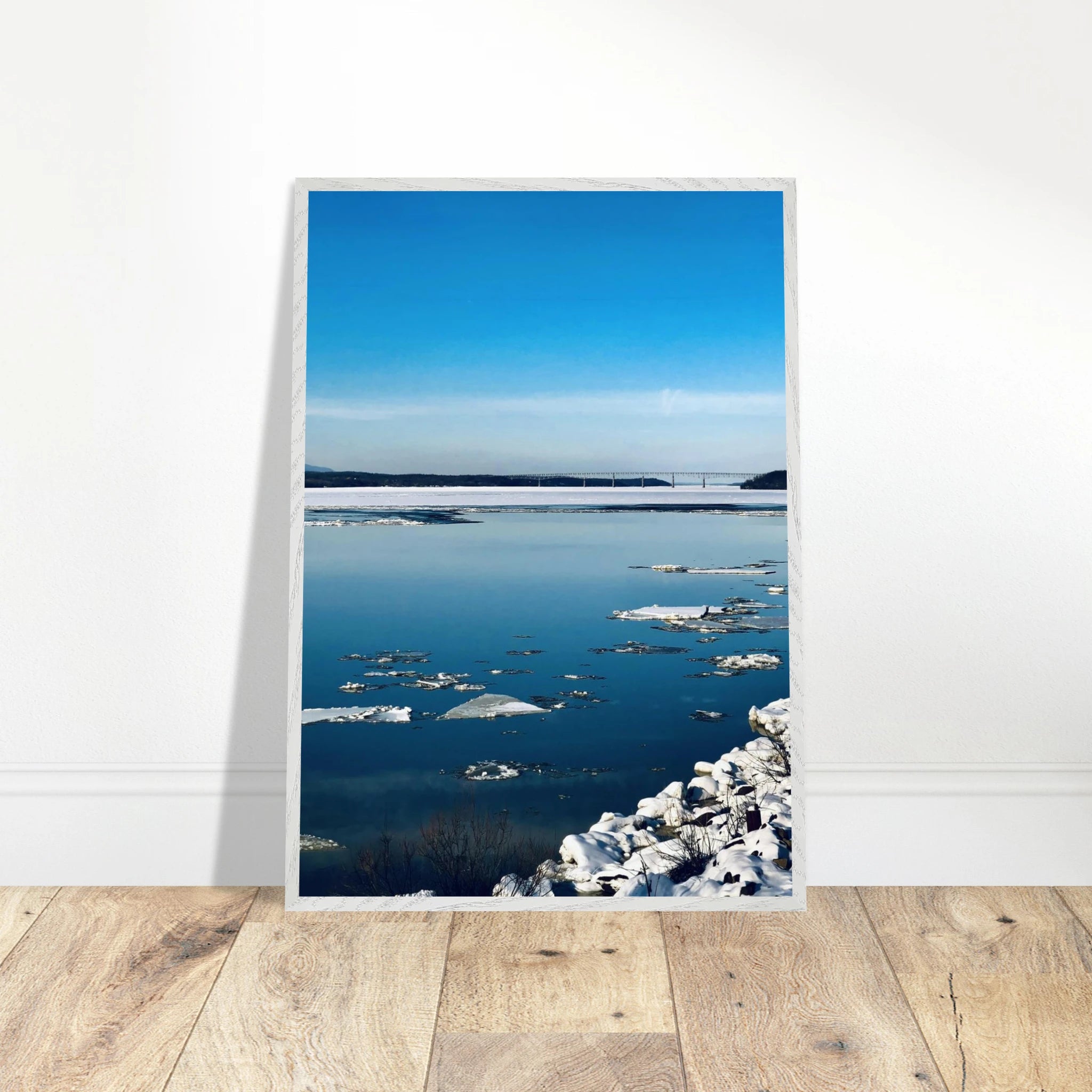 Wooden framed Hudson Valley winter poster print featuring snowy holiday scenery from the Travel Collection, Studio Edition.