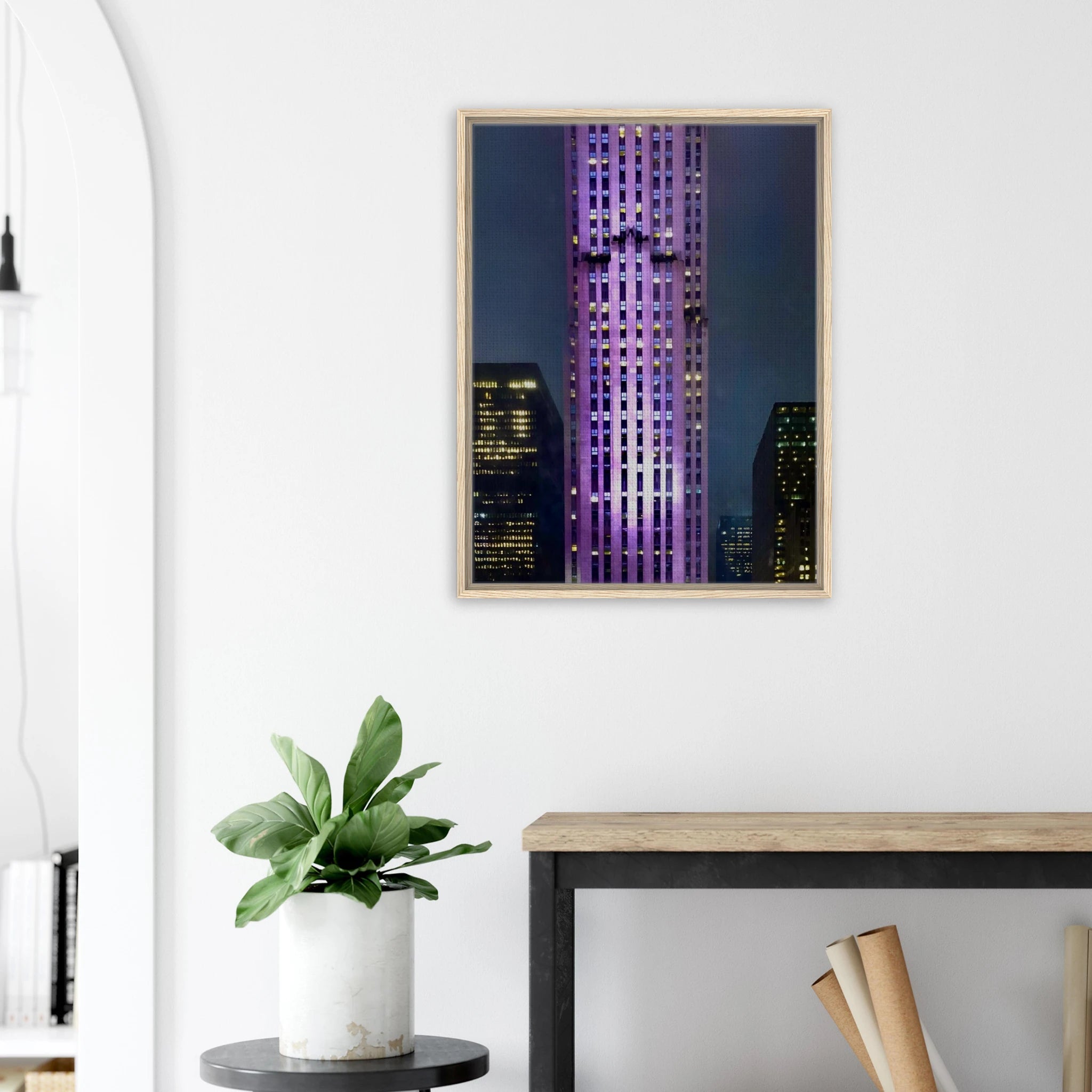 Framed canvas print of the NYC holiday skyline in purple, from the Travel Collection Studio Edition, showcasing vibrant cityscape art.