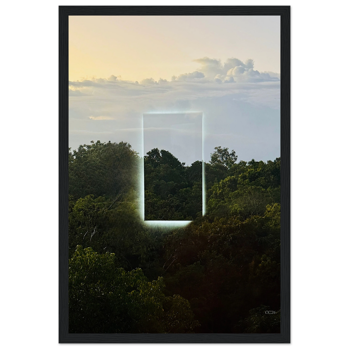 Color print of "A Window into Jungle Stillness" by CaliCuration, showcasing vibrant jungle scene in an exclusive edition of 5.