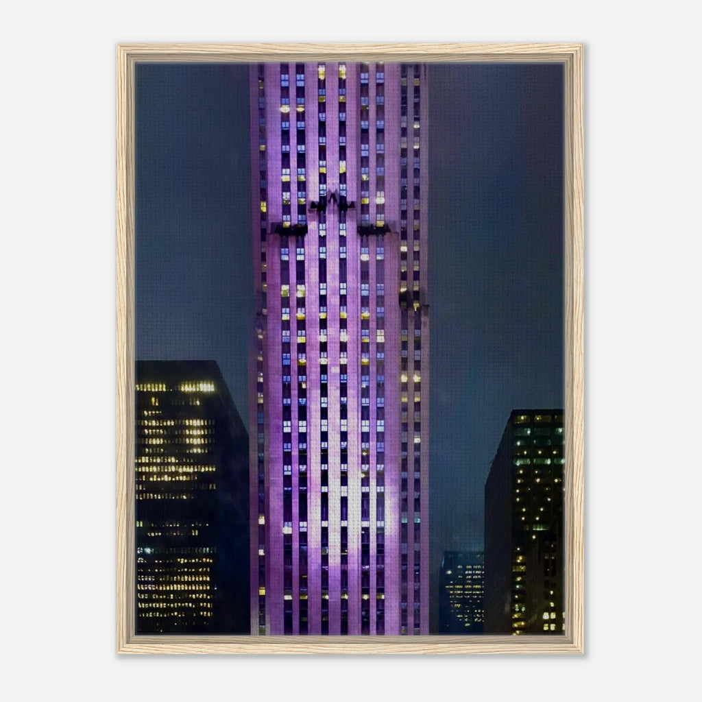 Framed canvas print of NYC holiday skyline in purple tones from My Store's Travel Collection, studio edition, colorful urban scene.
