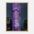 Framed canvas print of NYC holiday skyline in purple tones from My Store's Travel Collection, studio edition, colorful urban scene.
