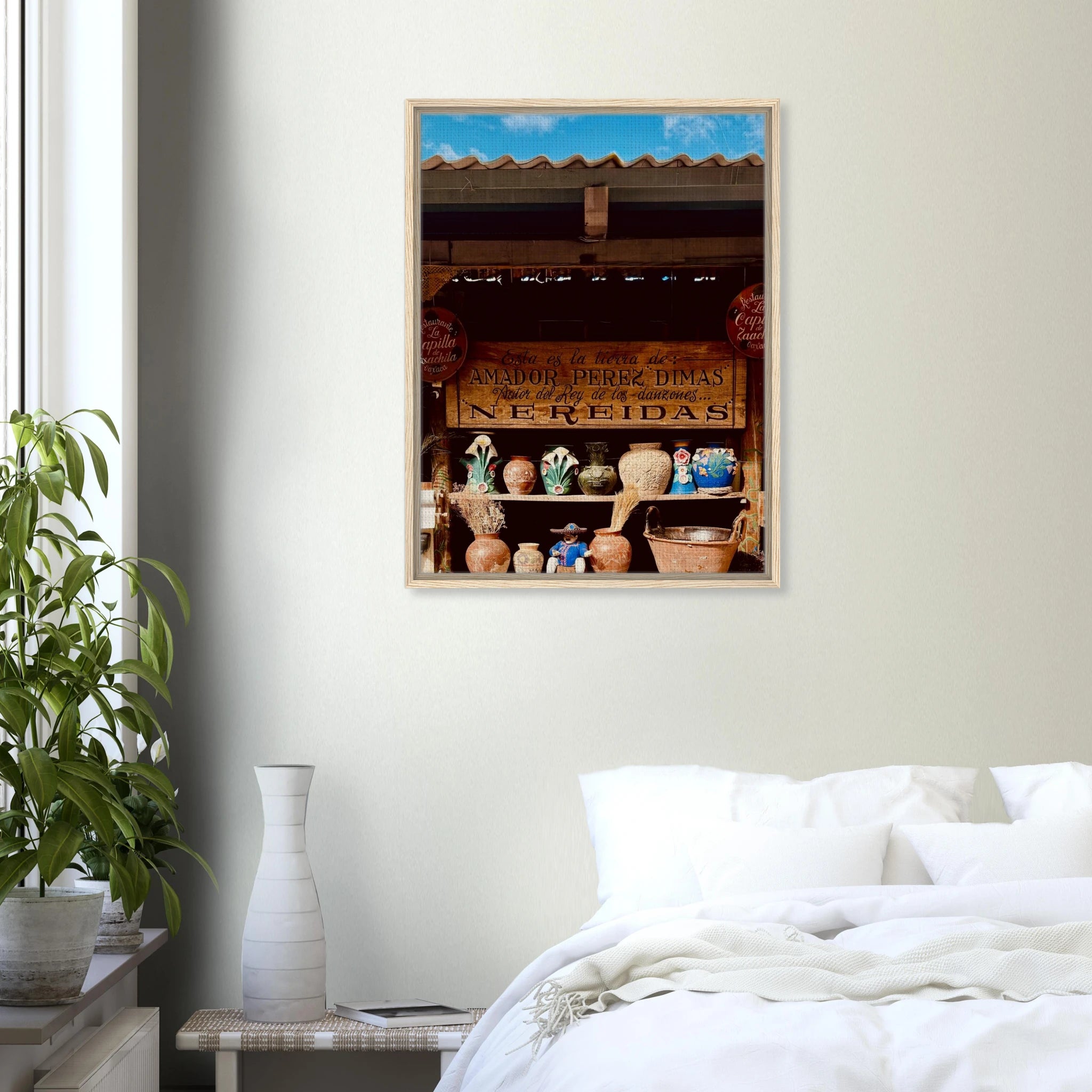 Framed Oaxaca Street Fair canvas artwork by CaliCuration from the Mexico Travel Collection, showcasing vibrant street scene and colorful festivities.