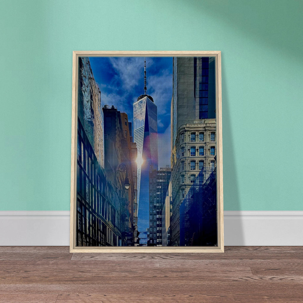 Framed canvas print of sunlight reflecting at One World Trade NYC, part of the Travel Collection by My Store.