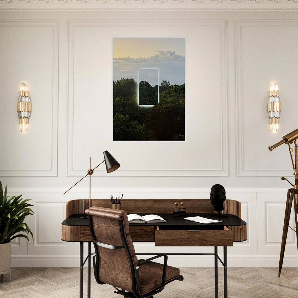 Color print titled "A Window into Jungle Stillness" by CaliCuration, showcasing a tranquil jungle scene in vibrant colors.