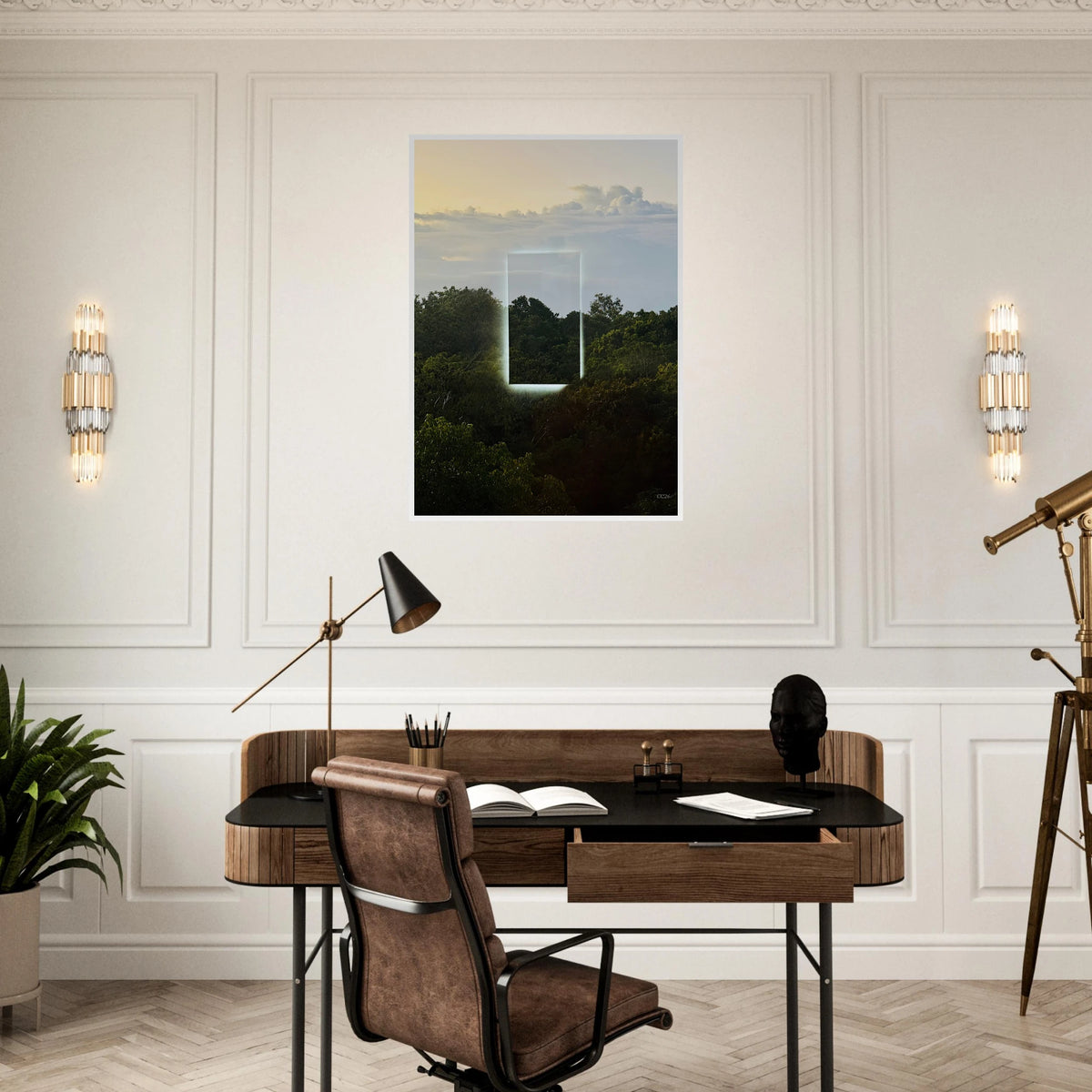 Color print titled "A Window into Jungle Stillness" by CaliCuration, showcasing a tranquil jungle scene in vibrant colors.