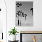 Premium wooden framed black and white California poster art featuring SoCal beach icons in semi-glossy finish.