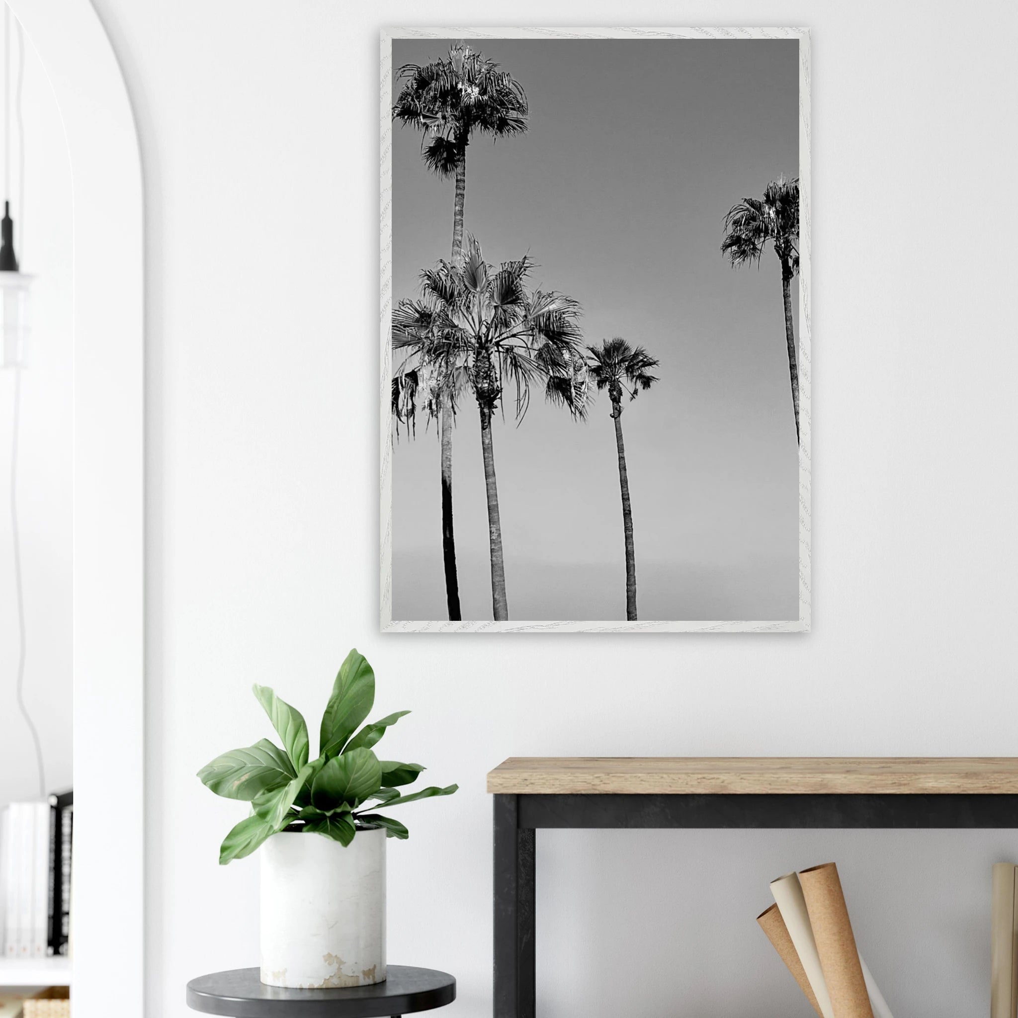 Premium wooden framed black and white California poster art featuring SoCal beach icons in semi-glossy finish.