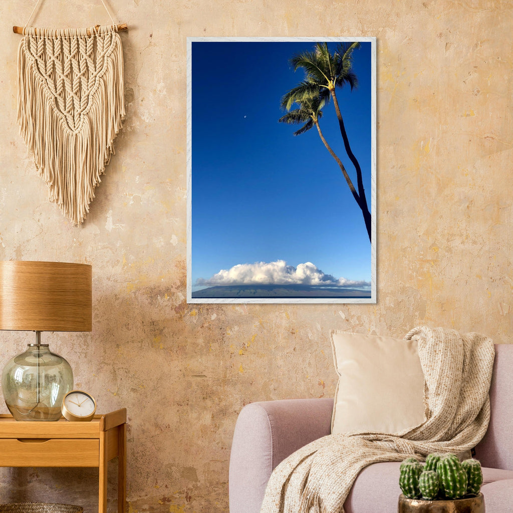 Hawaii Volcano Clouds and Pacific scene framed print by CaliCuration, featuring volcanic landscape and ocean views in vibrant colors.