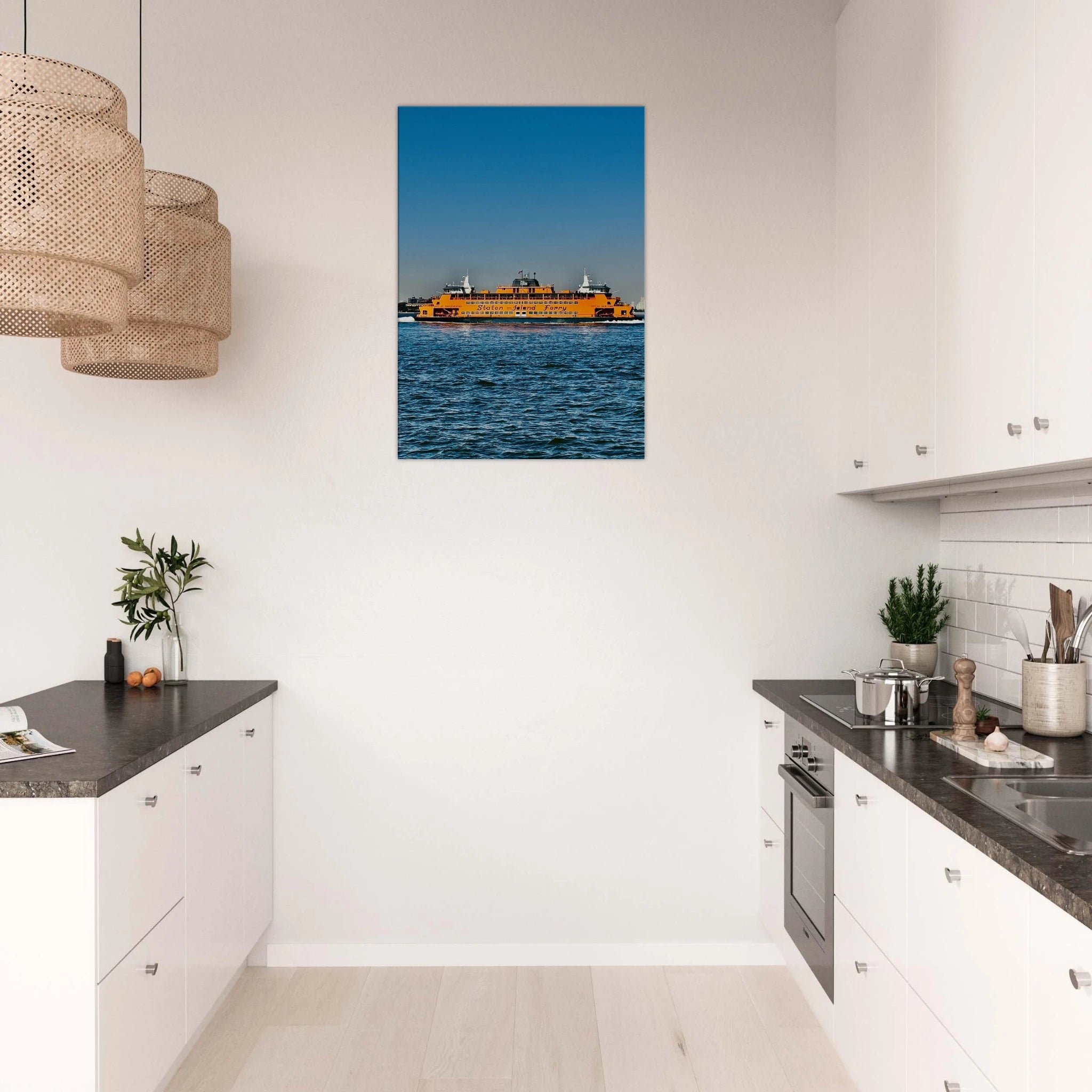 NYC skyline canvas print featuring the Staten Island Ferry from CaliCuration's Travel Collection Studio Edition.