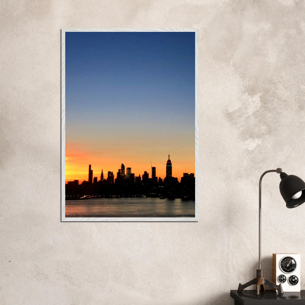 Manhattan Skyline Sunset framed poster featuring NYC cityscape wall art printed on high-quality material