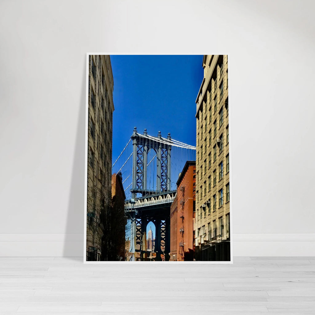 Wooden framed print of NYC Dumbo skyline featuring spring day scenery, part of CaliCuration's travel collection wall art.