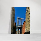 Wooden framed print of NYC Dumbo skyline featuring spring day scenery, part of CaliCuration's travel collection wall art.