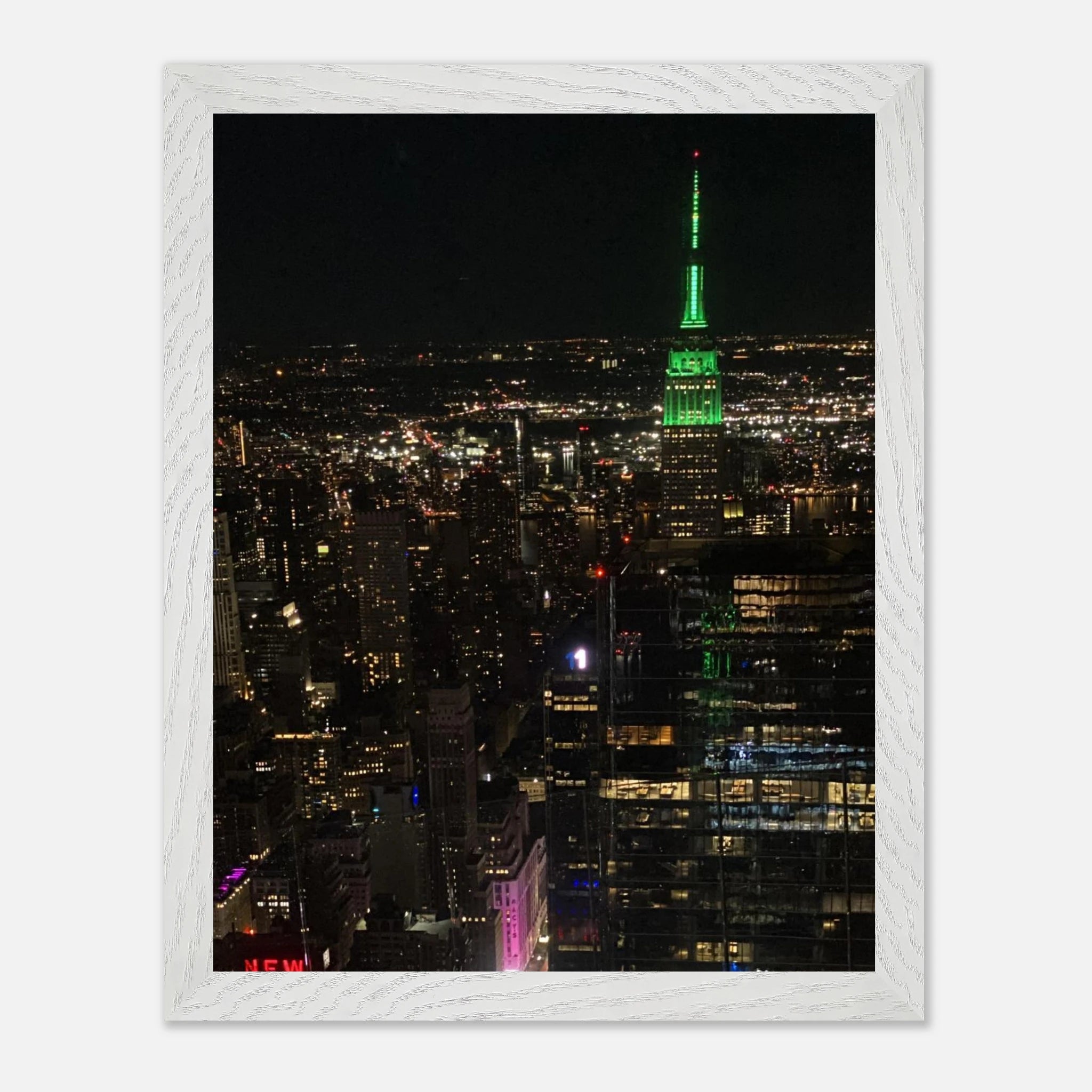 Wood-mounted framed poster of NYC downtown night view with Empire State Building, part of the Studio Edition Travel Collection.