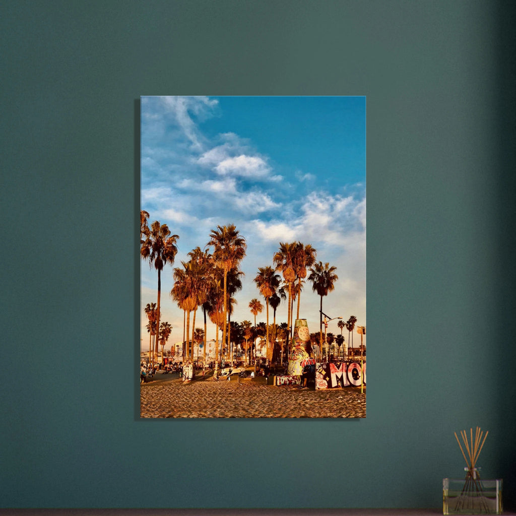 SoCal Beach canvas print featuring edgy palm trees and graffiti design, California studio edition wall art.