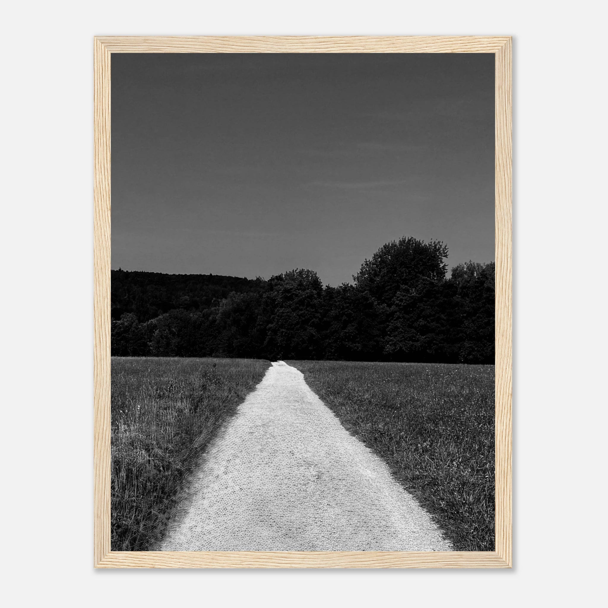 Black and white framed poster of a summer road scene from the Timeless Chic Travel Collection, printed on semi-glossy paper.